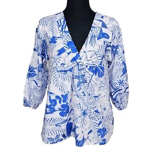 Vilagallo Blue & White Cotton Floral Print V-Neck Babydoll Summer Coastal Top 6